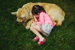 Little girl sleeping on green grass with dog Desktop wallpap